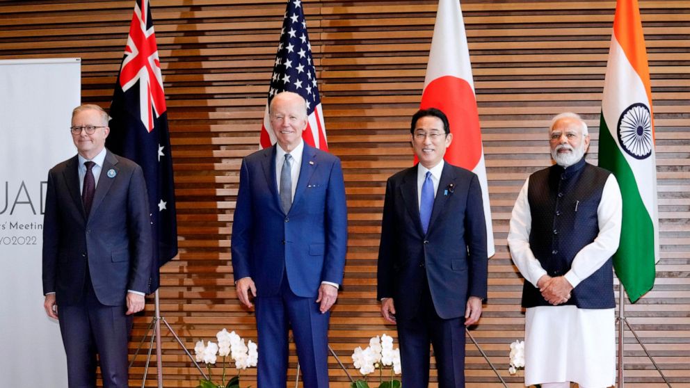 Leaders of Quadrilateral Security Dialogue (Quad) from left to right, Australian Prime Minister Anthony Albanese, U.S. President Joe Biden, Japanese Prime Minister Fumio Kishida, and Indian Prime Minister Narendra Modi, pose for photo at the entrance