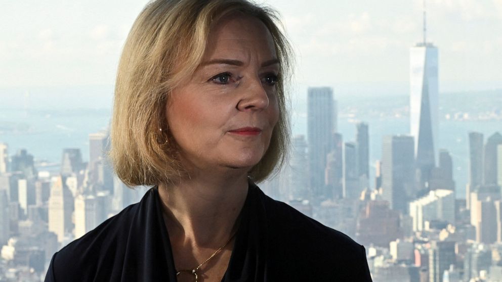 British Prime Minister Liz Truss speaks to the media on the occasion of her visit at the Empire State building in New York, Tuesday, Sept. 20, 2022. (Toby Melville/Pool Photo via AP)