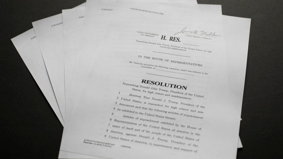 Copy of the Articles of Impeachment, Tuesday, Dec. 10, 2019 in Washington. House Democrats announced they are pushing ahead with two articles of impeachment against President Donald Trump - abuse of power and obstruction of Congress - charging he cor