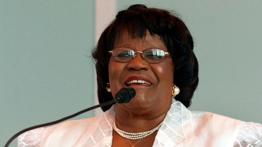 Rep. Carrie Meek, D-Fla., smiles as she speaks during services at Mt. Tabor Missionary Baptist Church in Miami, July 7, 2002. Meek, the grandchild of a slave and a sharecropper’s daughter who became one of the first black Floridians elected to Congre