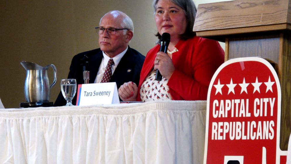 Republican Tara Sweeney, right, speaks Monday, May 16, 2022, at a forum in Juneau, Alaska, that was also attended by three other Republican candidates for Alaska's U.S. House seat, including John Coghill, left. Sweeney and Coghill are among 48 candid