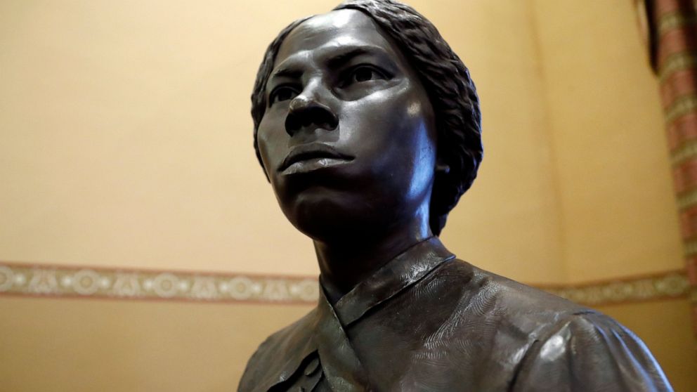 A bronze statue of abolitionist Harriet Tubman is seen during a private viewing ahead of its unveiling at the Maryland State House, Monday, Feb. 10, 2020, in Annapolis. The statue, along with a statue of Frederick Douglass, will be unveiled Monday ni