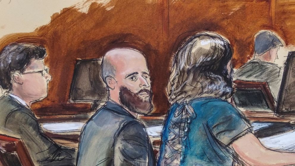 In this Wednesday March 4, 2020 courtroom sketch Joshua Schulte, center, is seated at the defense table flanked by his attorneys during jury deliberations in New York. Joshua Schulte, a former CIA software engineer charged with leaking government sec