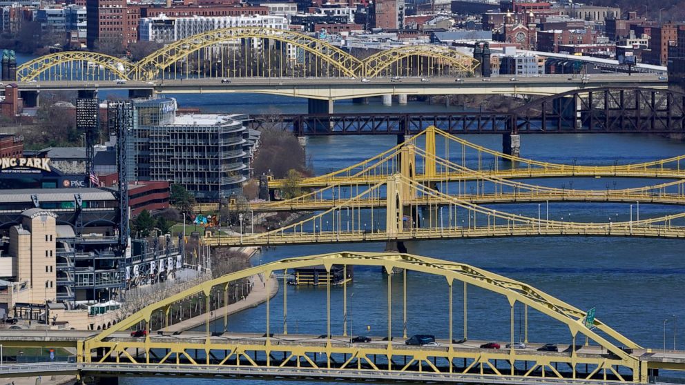 FILE - This April 2, 2021, file photo shows bridges spanning the Allegheny River in downtown Pittsburgh. Republicans in Congress are making the politically brazen bet that it’s more advantageous to oppose President Joe Biden’s ambitious rebuild Ameri