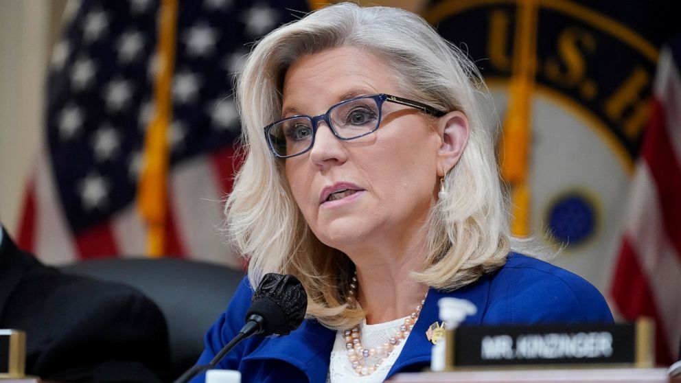 FILE - Vice Chair Liz Cheney, R-Wyo., speaks as the House select committee investigating the Jan. 6 attack on the U.S. Capitol, holds a hearing on Capitol Hill in Washington, Oct. 13, 2022. Cheney is crossing the aisle again with an endorsement of Ab
