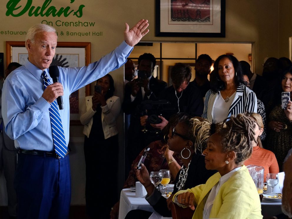 Democratic presidential candidate former Vice President Joe Biden speaks to community faith leaders after serving breakfast during a visit to Dulans Soul Food on Crenshaw, Thursday, July 18, 2019, in Los Angeles.