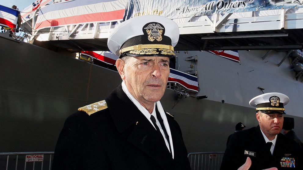 FILE - In this Dec. 1, 2018 file photo, Vice Chief of Naval Operations, Adm. William Moran describes the function of the USS Thomas Hudner prior to its commissioning ceremony in Boston. Moran, the Navy admiral set to become his service's top officer 