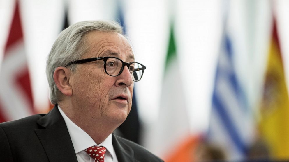 European Commission President Jean-Claude Juncker speaks at the European Parliament in Strasbourg, France, Tuesday April 16, 2019. (AP Photo/Jean-Francois Badias)