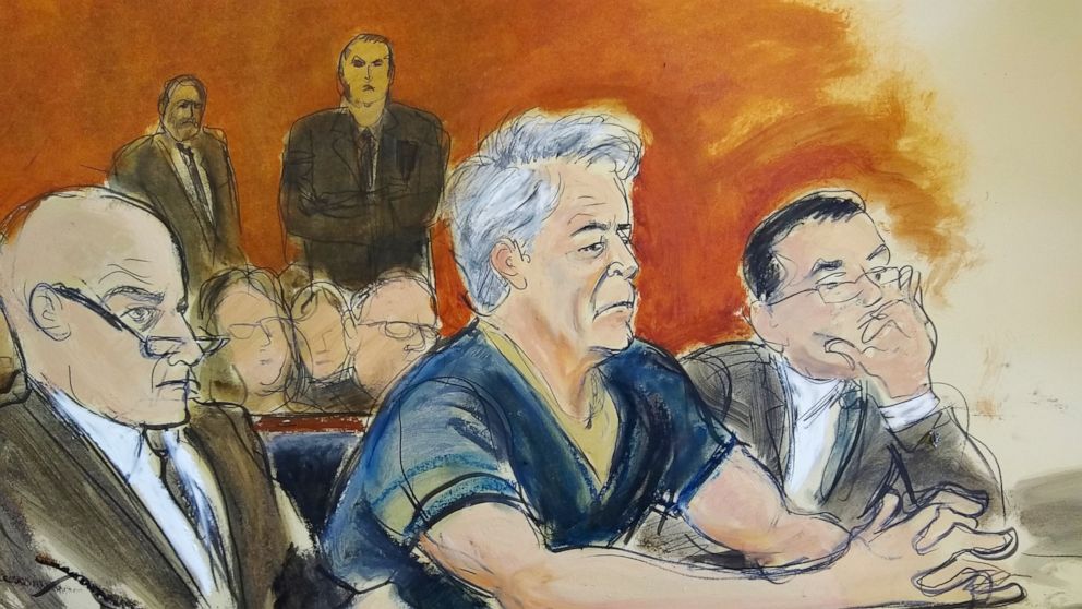 In this courtroom artist's sketch, defendant Jeffrey Epstein, center, sits with attorneys Martin Weinberg, left, and Marc Fernich during his arraignment in New York federal court, Monday, July 8, 2019. Epstein pleaded not guilty to federal sex traffi