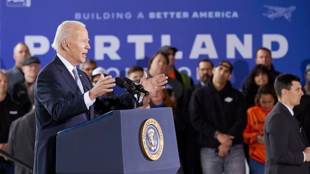 President Joe Biden speaks about his infrastructure agenda at the Portland International Airport in Portland, Ore., Thursday, April 21, 2022.. (AP Photo/Craig Mitchelldyer)