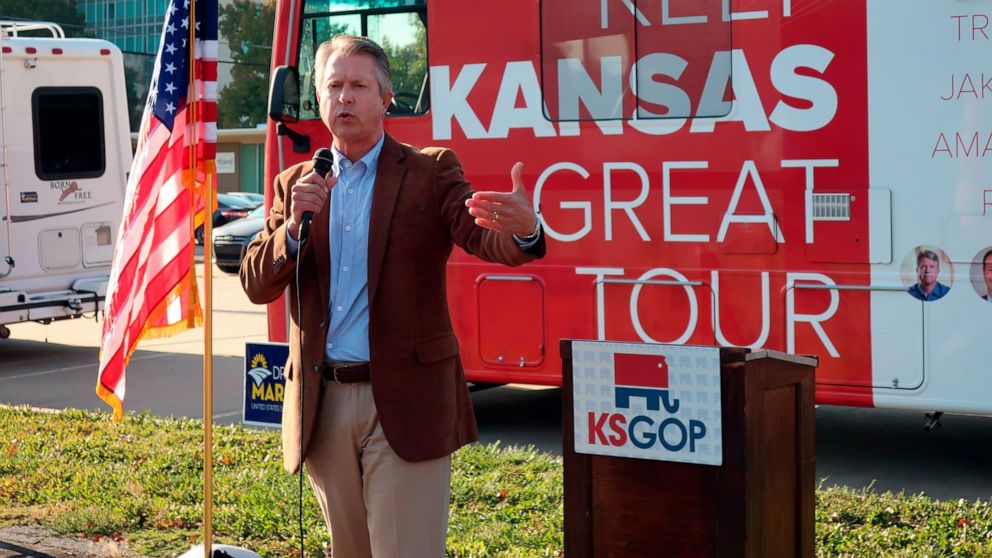 U.S. Rep. Roger Marshall, R-Kan., the Republican nominee for an open U.S. Senate seat in Kansas, speaks during a stop in a GOP bus tour of the state, Tuesday, Oct. 6, 2020, in Topeka, Kan. Asked about President Donald Trump's tweet after being treate