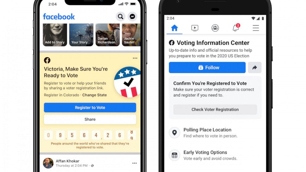 This image provided by Facebook shows screens of Voting Information Center. Facebook is launching a widespread effort to boost U.S. voter turnout and show authoritative information about voting, even as it doubles down on its stance to let politician