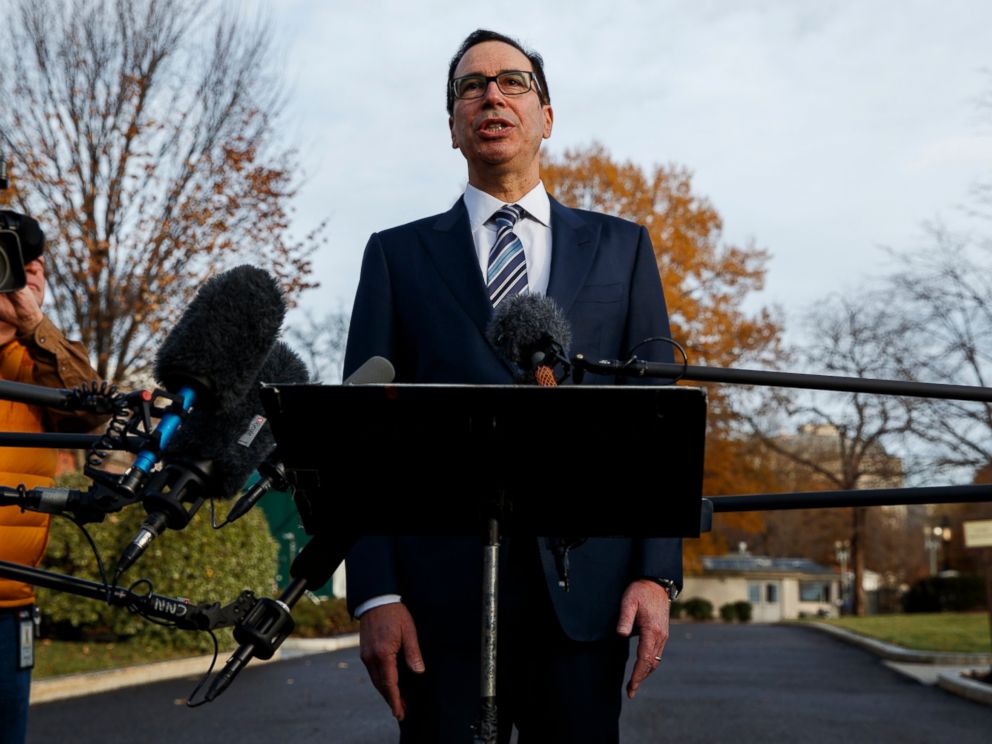 In this Dec. 3, 2018, file photo, Treasury Secretary Steve Mnuchin talks with reporters at the White House in Washington. Trump says he has confidence in Mnuchin, calling him a very talented guy and a very smart person.