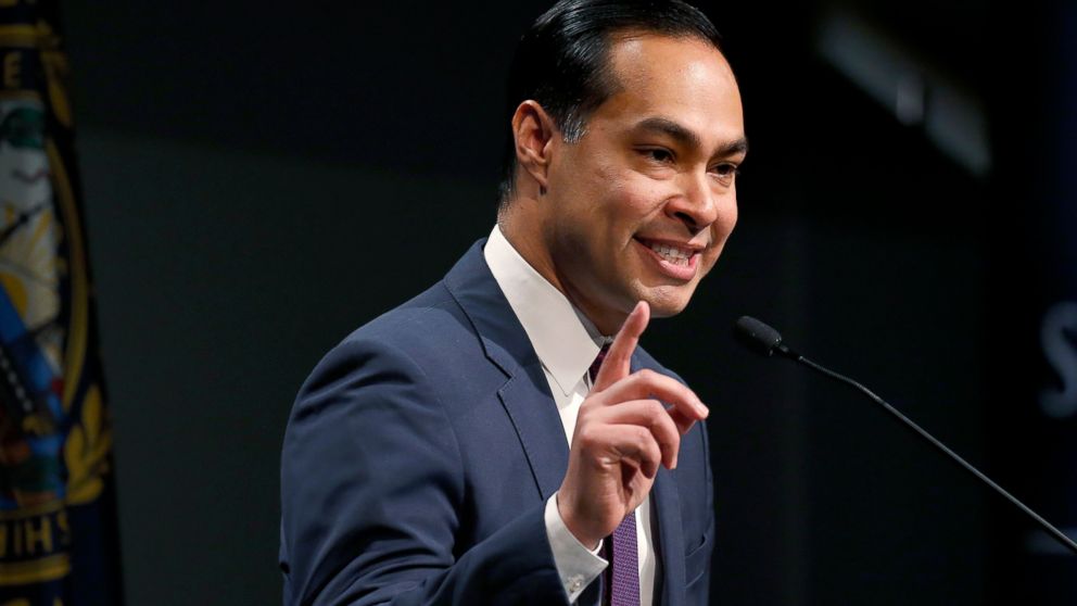 In this Jan. 16, 2019, photo, Julian Castro, former U.S. Secretary of Housing and Urban Development and candidate for the 2020 Democratic presidential nomination, speaks at Saint Anselm College in Manchester, N.H. (AP Photo/Mary Schwalm)