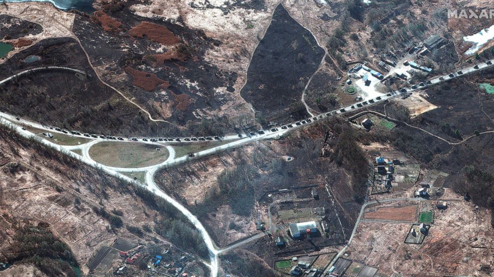 This satellite image provided by Maxar Technologies shows a military convoy near Invankiv, Ukraine Monday, Feb. 28, 2022. (Satellite image ©2022 Maxar Technologies via AP)