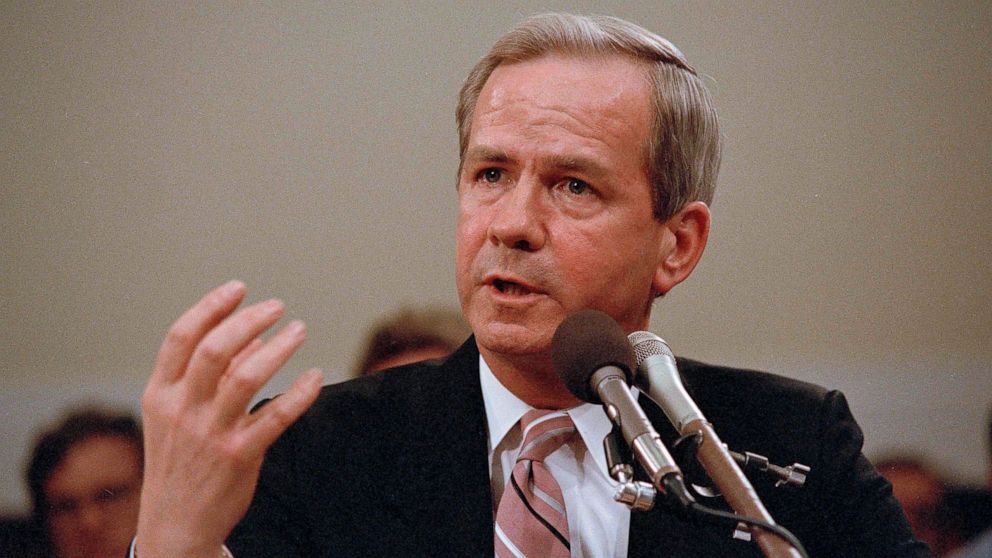 FILE - Former national security adviser Robert C. McFarlane gestures while testifying before the House-Senate panel investigating the Iran-Contra affair on Capitol Hill in Washington, May 13, 1987. McFarlane, a top aide to President Ronald Reagan who