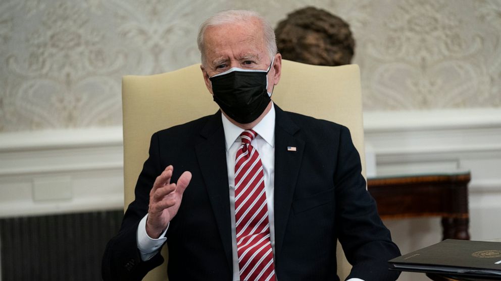 President Joe Biden speaks during a meeting with labor leaders in the Oval Office of the White House, Wednesday, Feb. 17, 2021, in Washington. (AP Photo/Evan Vucci)