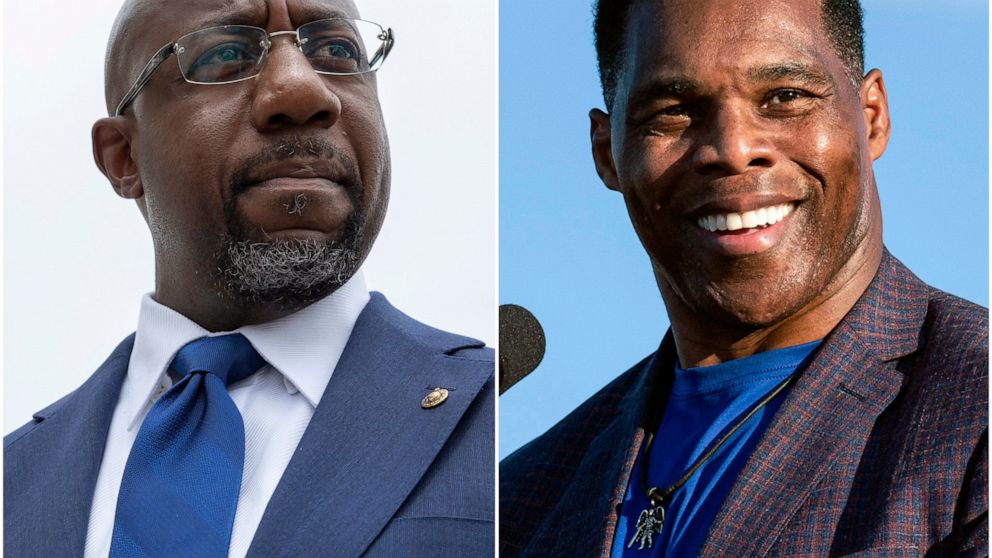 This combination of photos shows, Sen. Raphael Warnock, D-Ga., speaking to reporters on Capitol Hill in Washington, Aug. 3, 2021, left, and Republican Senate candidate Herschel Walker speaking in Perry, Ga., Sept. 25, 2021. (AP Photo)