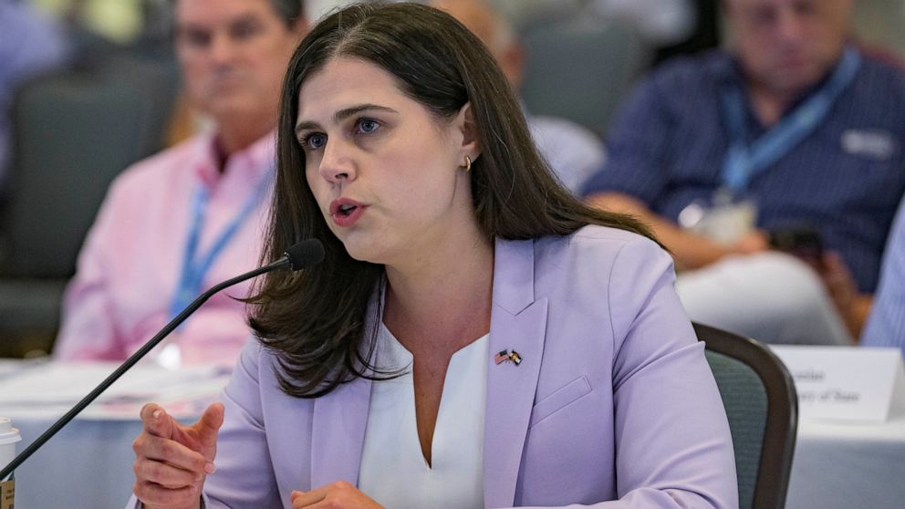 FILE - Colorado Secretary of State Jena Griswold speaks during a committee meeting in Baton Rouge, La., July 8, 2022. Colorado's secretary of state's office says it mistakenly sent postcards to about 30,000 non-U.S. citizens encouraging them to regis