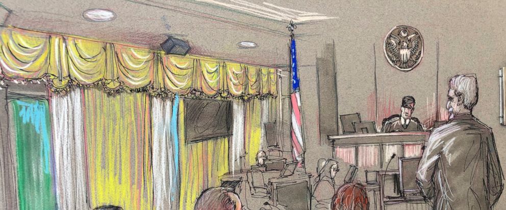 FILE - In this April 15, 2019, file court sketch, Yujing Zhang, left, a Chinese woman charged with lying to illegally enter President Donald Trumps Mar-a-Lago club, listens to a hearing before Magistrate Judge William Matthewman in West Palm Beach,