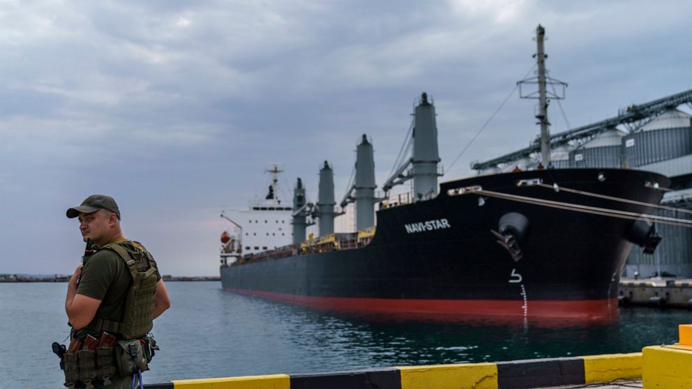 FILE - A security officer stands next to the ship Navi-Star which sits full of grain since Russia's invasion of Ukraine began five months ago as it waits to sail from the Odesa Sea Port, in Odesa, Ukraine, July 29, 2022. Ukraine is steadily exporting