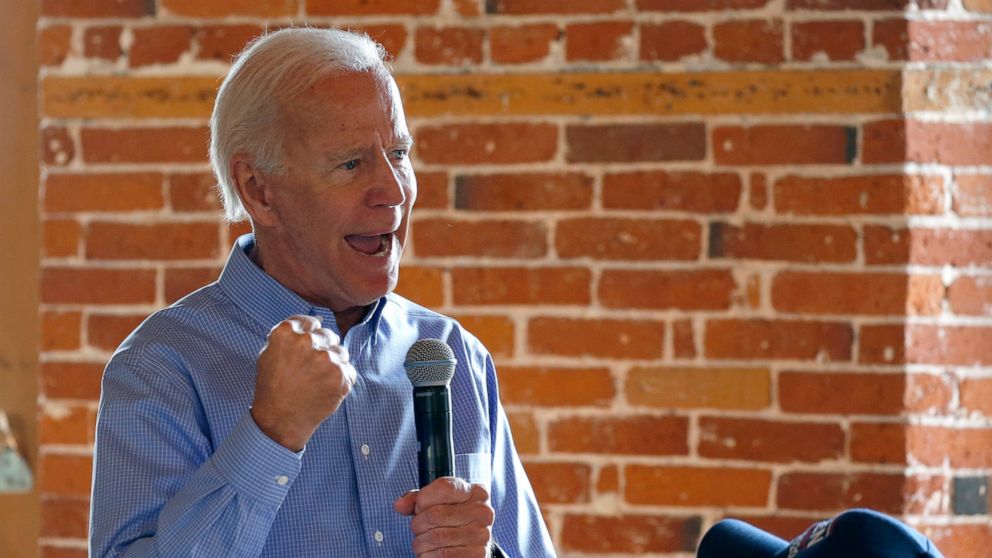 Democratic presidential candidate former Vice President Joe Biden pumps his fist as he speaks during a campaign stop, Friday, Sept. 6, 2019, in Laconia, N.H. (AP Photo/Mary Schwalm)