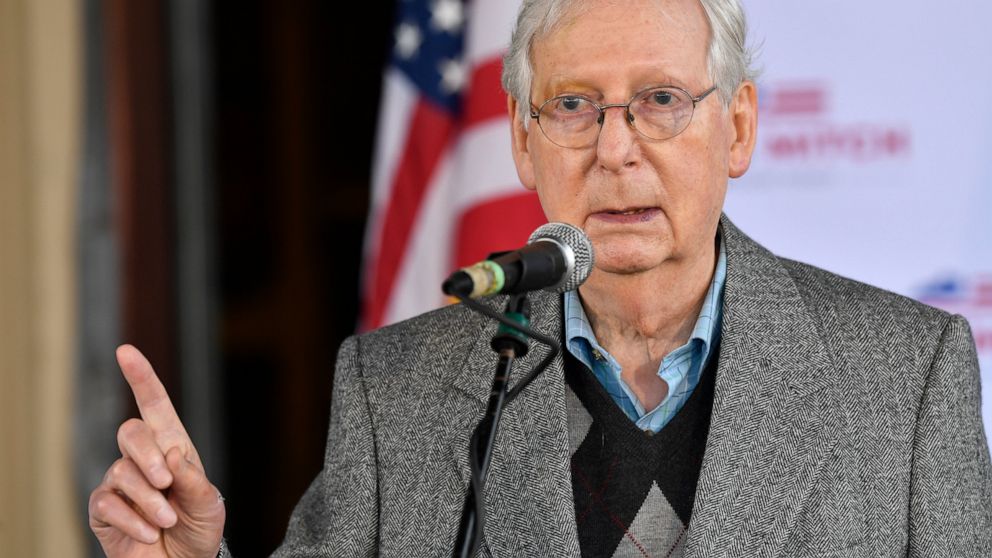 Senate Majority Leader Mitch McConnell, R-Ky., speaks to a gathering of supporters in Lawrenceburg, Ky., Wednesday, Oct. 28, 2020. (AP Photo/Timothy D. Easley)
