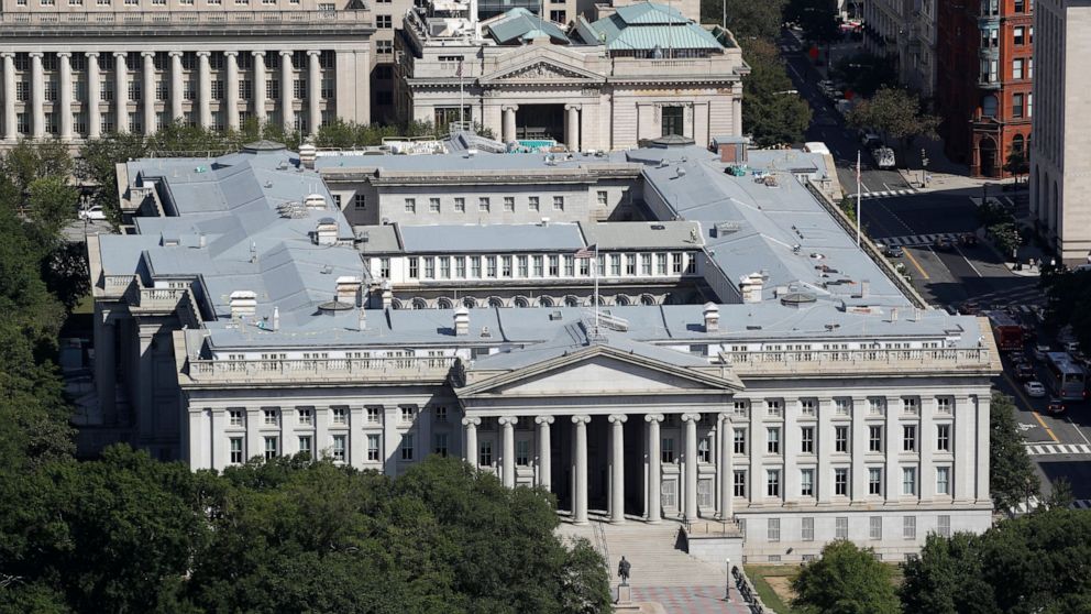 FILE - The U.S. Treasury Department building viewed from the Washington Monument, Wednesday, Sept. 18, 2019, in Washington. Hackers got into computers at the U.S. Treasury Department and possibly other federal agencies, touching off a government resp