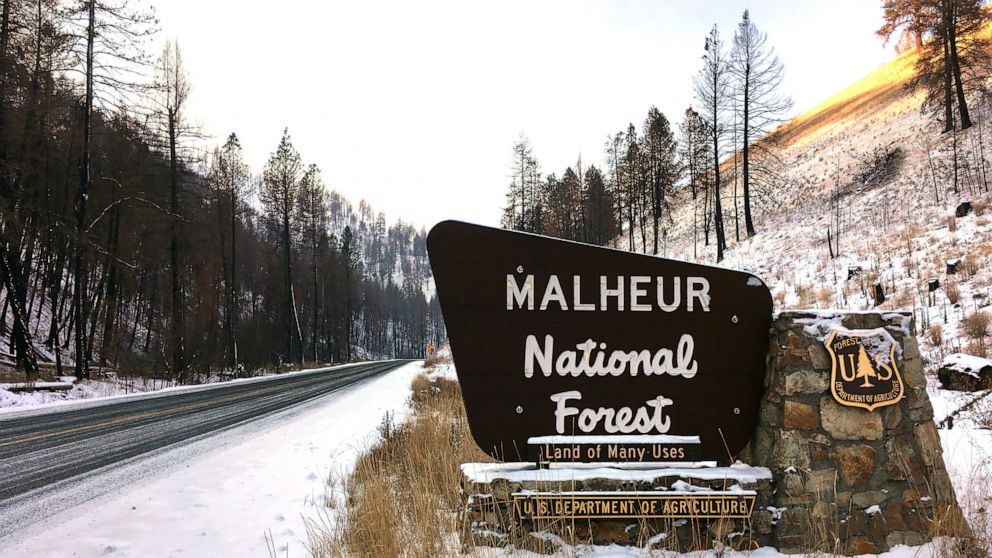 FILE - This Dec. 7, 2016 photo, shows the entrance to the Malheur National Forest near John Day, Ore. Rick Snodgrass, the U.S. Forest Service “burn boss,” was arrested Wednesday, Oct. 19, 2022, by a county sheriff after a planned burn at Malheur Nati