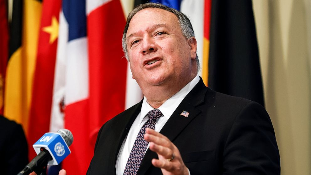 Secretary of State Mike Pompeo speaks to reporters following a meeting with members of the U.N. Security Council, Thursday, Aug. 20, 2020, at the United Nations. The Trump administration has formally notified the United Nations of its demand for all 