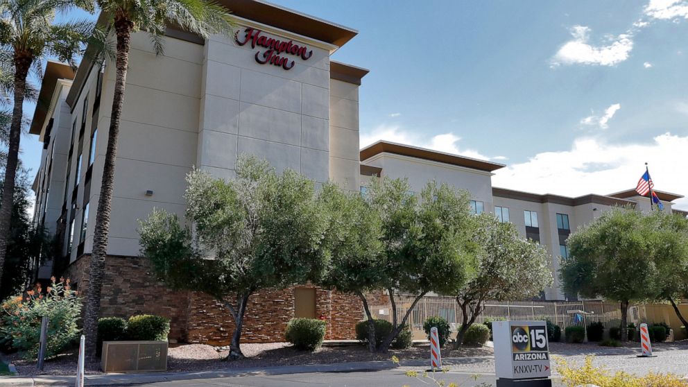 A Hampton Inn is shown Tuesday, July 21, 2020 in Phoenix. The Trump administration is detaining immigrant children as young as 1 in hotels before deporting them to their home countries. Documents obtained by The Associated Press show a private contra
