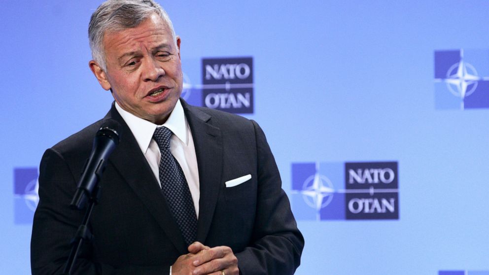 FILE - Jordan's King Abdullah II speaks during a media conference prior to a meeting with NATO Secretary General Jens Stoltenberg at NATO headquarters in Brussels, in this Wednesday, May 5, 2021, file photo. Hundreds of world leaders, powerful politi