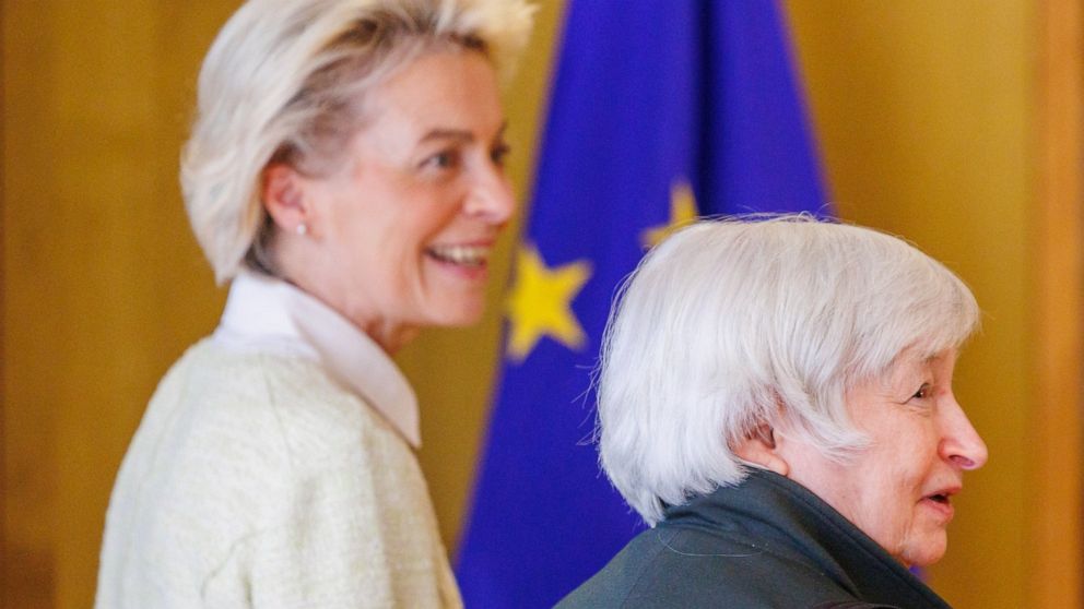 US Treasury Secretary Janet Yellen, right, is welcomed by President of the EU Commission Ursula von der Leyen in Brussels, Tuesday, May 17, 2022. Secretary Yellen earlier today addressed the Brussels Economic Forum about the way forward for the globa
