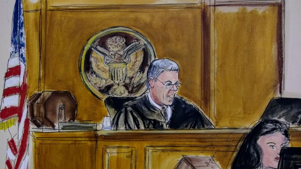 In this courtroom artist's sketch, Magistrate Judge Stewart Aaron sits at the bench during an initial court appearance of David Correia Wednesday Oct. 16, 2019 in New York. Correia, 44, accused of conspiring with associates of Rudy Giuliani to make i