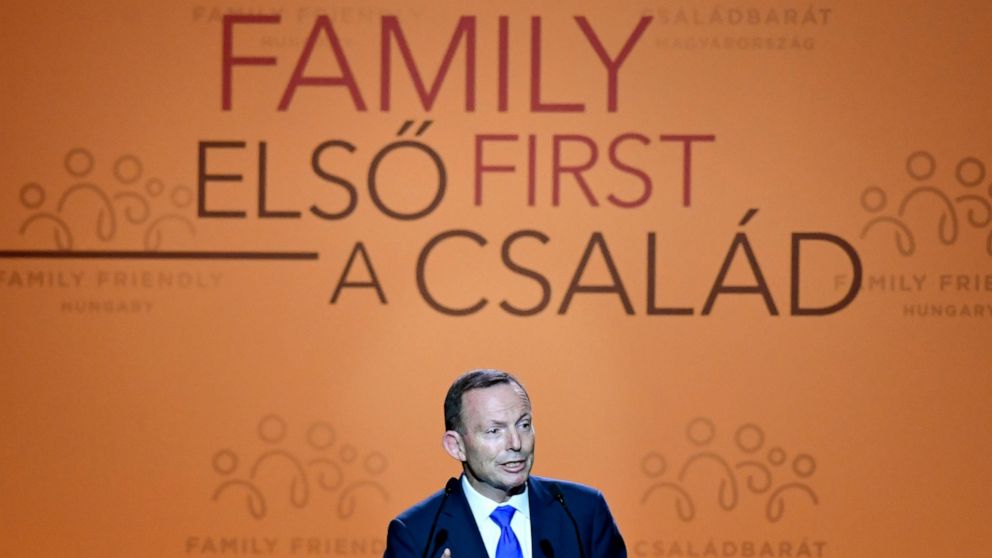 Former Prime Minister of Australia Tony Abbott delivers a speech during the 3rd Budapest Demographic Summit in Varkert Bazar conference center in Budapest, Hungary, Thursday, Sept. 5, 2019. The Hungarian capital city, which hosts the international su