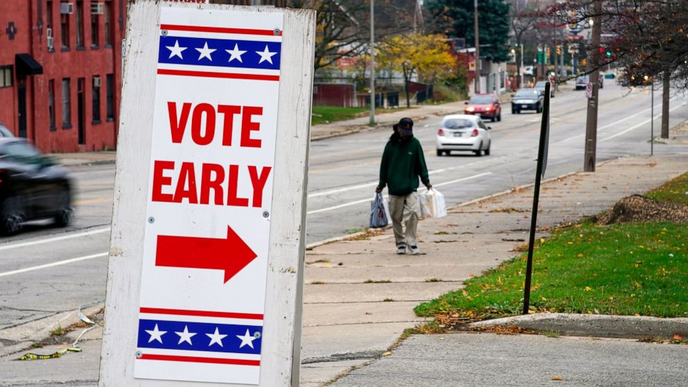A sign is seen outside a polling station Tuesday, Oct. 25, 2022, in Milwaukee. Tuesday is the first day to vote early in Wisconsin. (AP Photo/Morry Gash)