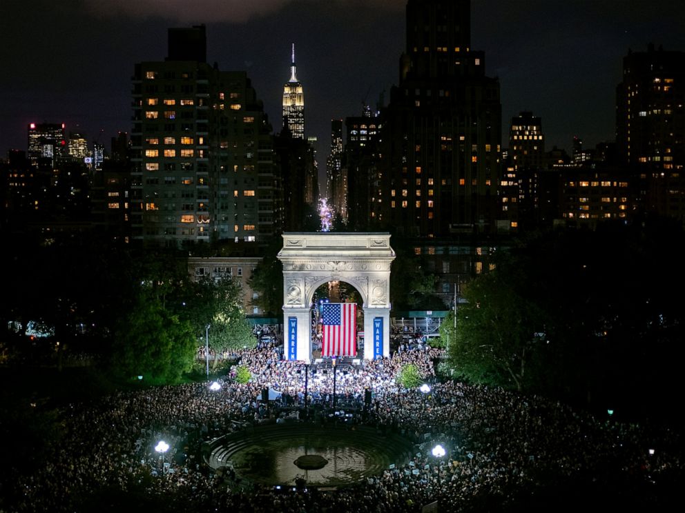 Democratic presidential candidate U.S. Sen. Elizabeth Warren addresses supporters at a rally at Washington Square Park, Monday, Sept. 16, 2019, in New York. (AP Photo/Craig Ruttle)