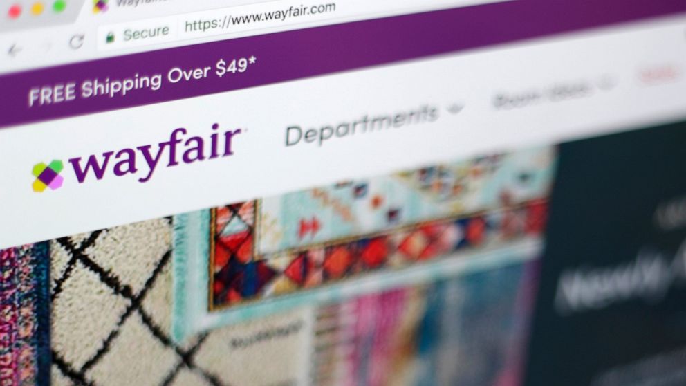 FILE - This April 17, 2018, file photo shows the Wayfair website on a computer in New York. Self-proclaimed internet sleuths are matching up names of Wayfair's products to those of missing children as part of a baseless conspiracy theory that claims 