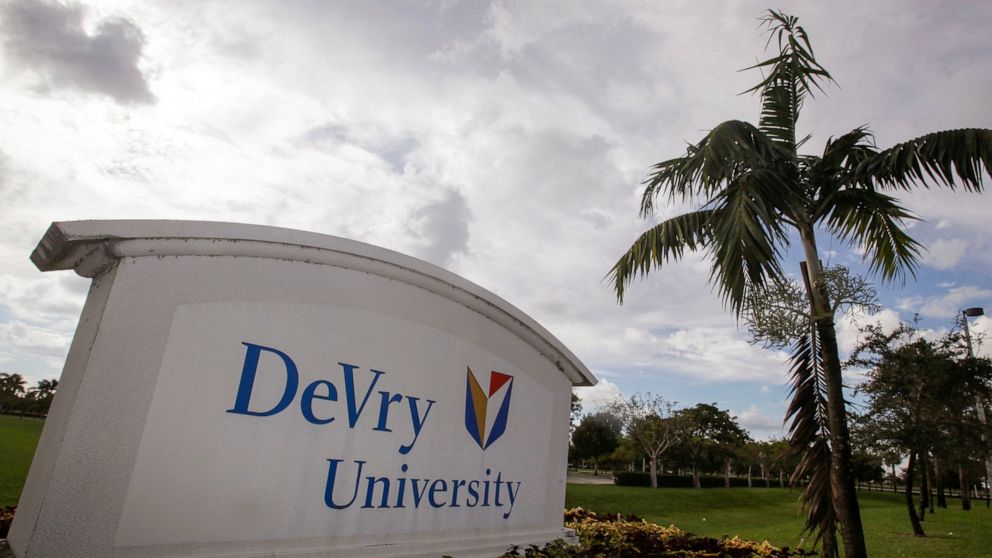 FILE - This Nov. 24, 2009, photo, shows the entrance to the DeVry University in Miramar, Fla. The Biden administration says it will cancel more than $70 million in student debt for borrowers who say they were defrauded by the for-profit DeVry Univers