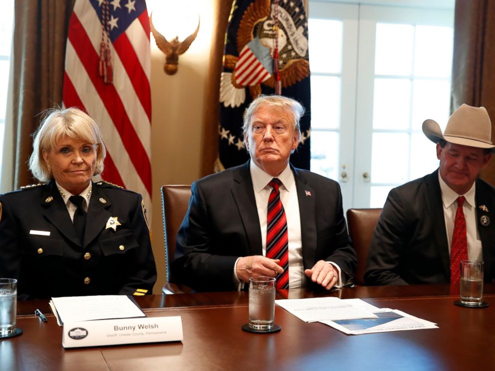   President Donald Trump, accompanied by Carolyn Bunny Welsh, Sheriff of Chester County, Pennsylvania, on the left, and AJ Louderback, Sheriff of Jackson County, Texas, attends a roundtable on Border Security with Local leaders, Friday, January 11, 2019. 