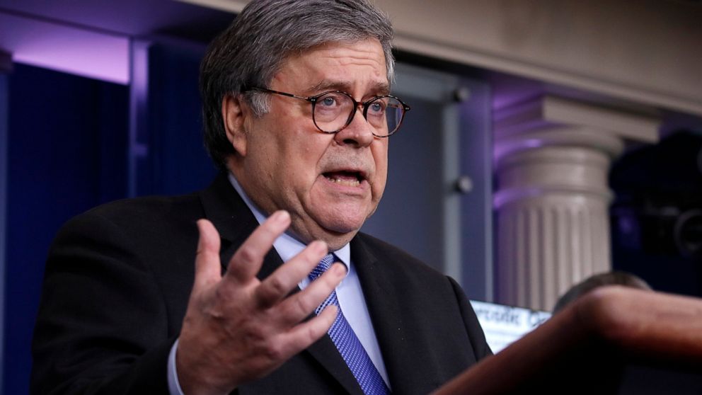Attorney General William Barr speaks about the coronavirus in the James Brady Press Briefing Room of the White House, Wednesday, April 1, 2020, in Washington. (AP Photo/Alex Brandon)