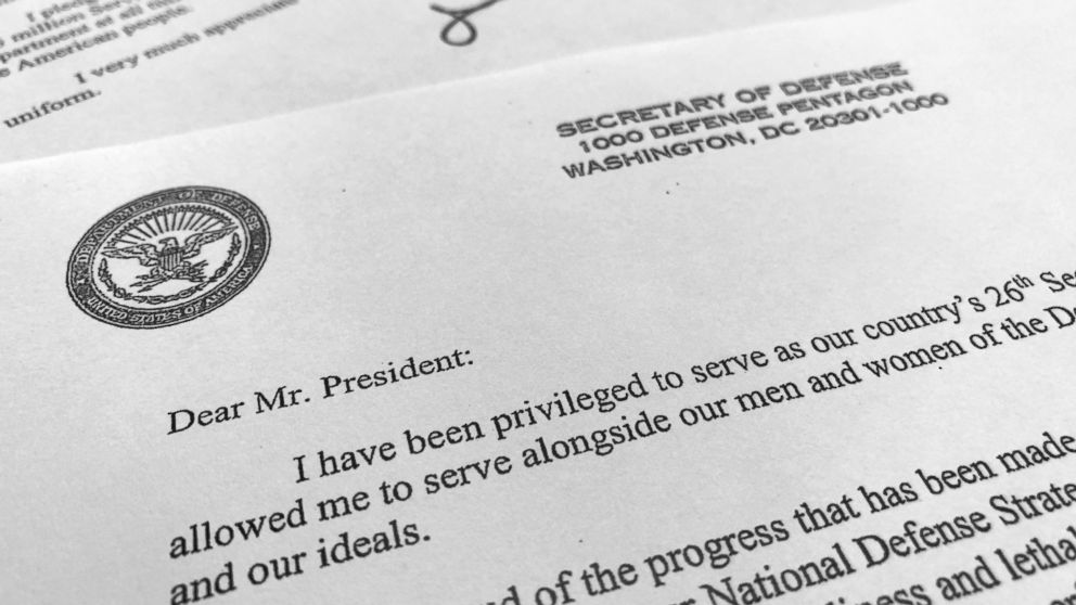 Part of Defense Secretary Jim Mattis' resignation letter to President Donald Trump is photographed in Washington, Thursday, Dec. 20, 2018. Mattis is stepping down from his post, Trump announced, after the retired Marine general clashed with the presi
