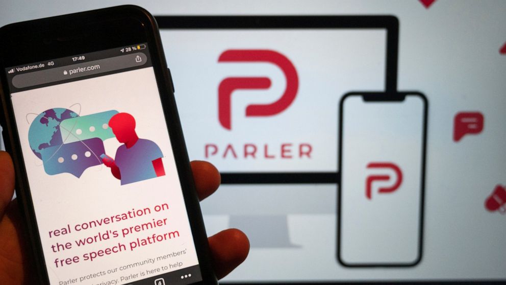 FILE - In this Jan. 10, 2021, file photo, the website of the social media platform Parler is displayed in Berlin. Amazon has accused Parler, the social network known as a conservative alternative to Twitter, of trying to conceal its ownership amid a 