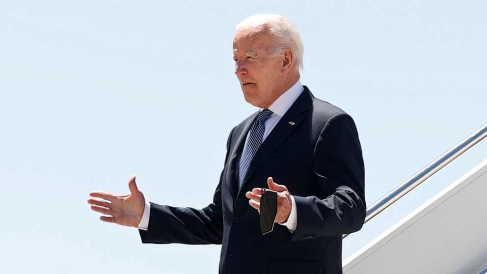 U.S. President Joe Biden walks down the steps of Airforce One on arrival at the Torreon air base in Madrid, Spain, Tuesday June 28, 2022. North Atlantic Treaty Organization heads of state will meet for a NATO summit in Madrid from Tuesday through Thu