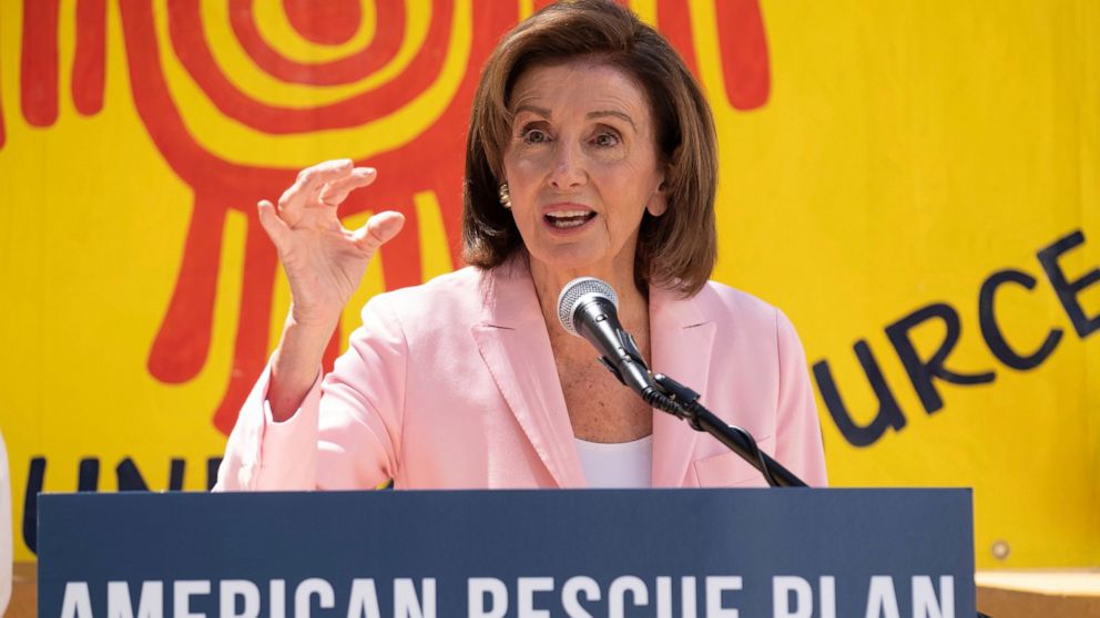 FILE - In his Aug. 10, 2021, file photo, House Speaker Nancy Pelosi speaks regarding the Emergency Rental Assistance program in San Francisco. Nine moderate House Democrats are trying to upend leaders' plans for enacting President Joe Biden’s multi-t