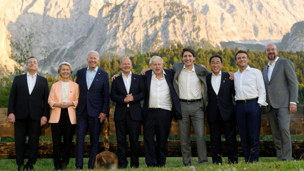 Group of Seven leaders pose during a group photo at the G7 summit at Castle Elmau in Kruen, near Garmisch-Partenkirchen, Germany, on Sunday, June 26, 2022. The Group of Seven leading economic powers are meeting in Germany for their annual gathering S