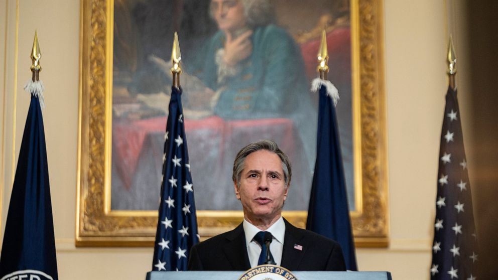 Secretary of State Antony Blinken speaks on foreign policy at the State Department, Wednesday, March 3, 2021 in Washington. (Andrew Caballero-Reynolds/Pool via AP)