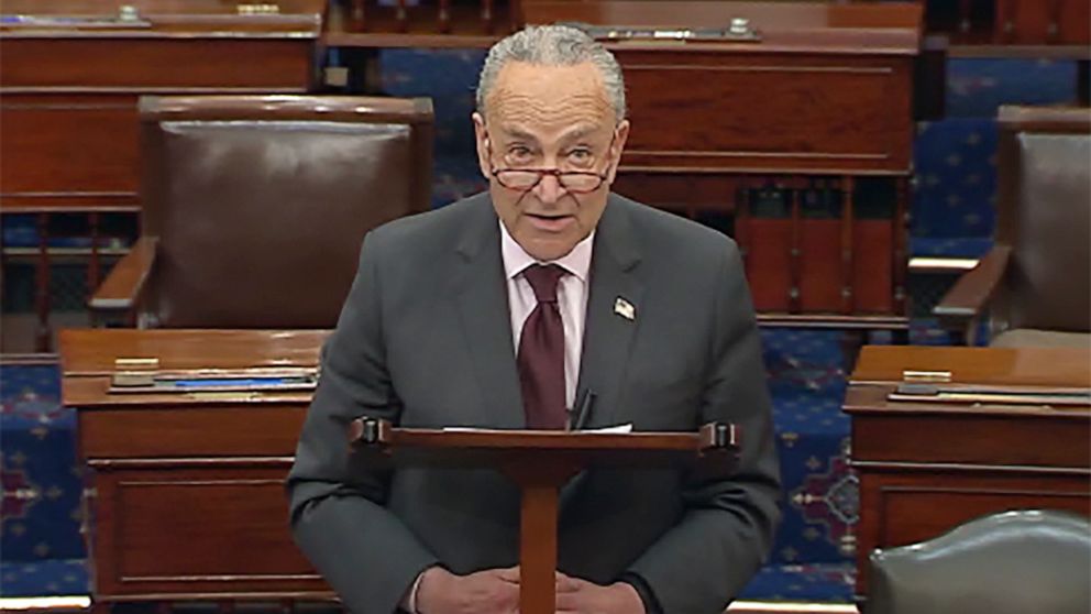 In this image from Senate TV, Senate Majority Leader Chuck Schumer of N.Y., speaks on the Senate floor, Tuesday, May 3, 2022 at the Capitol in Washington. A draft opinion suggests the U.S. Supreme Court could be poised to overturn the landmark 1973 R