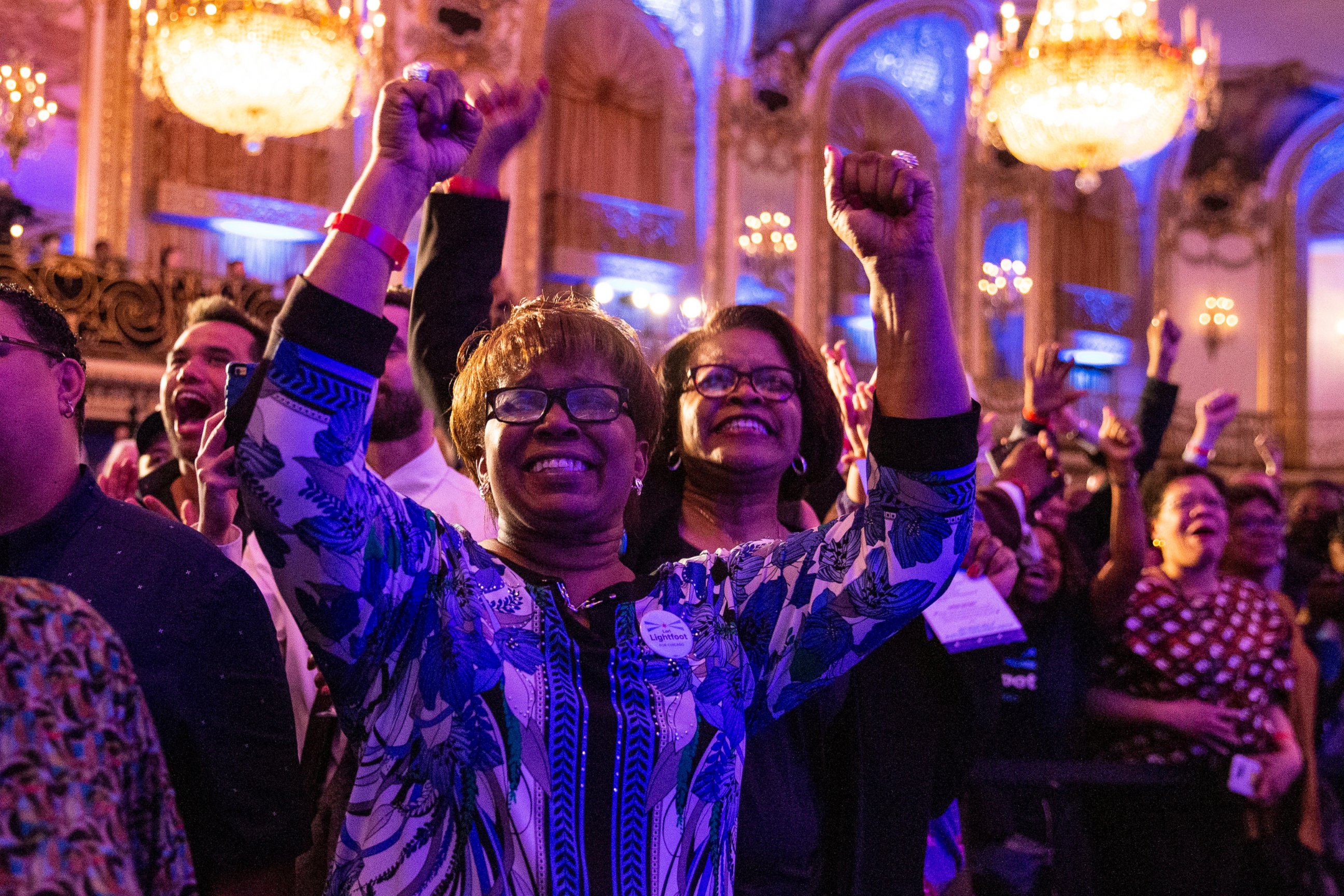 Supporters at mayoral candidate Lori Lightfoot's election night rally at the Hilton Chicago cheer as poll numbers trickle in, showing Lightfoot in the lead against Toni Preckwinkle in the Chicago mayoral election, Tuesday, April 2, 2019. (Ashlee Rezi