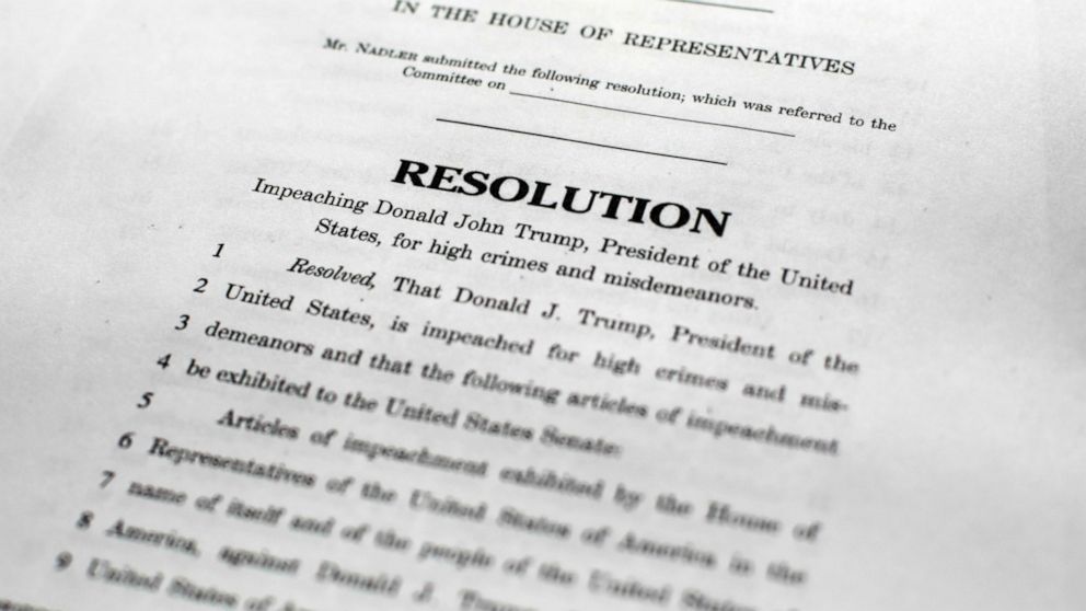 Copy of the Articles of Impeachment, Tuesday, Dec. 10, 2019 in Washington. House Democrats announced they are pushing ahead with two articles of impeachment against President Donald Trump - abuse of power and obstruction of Congress - charging he cor